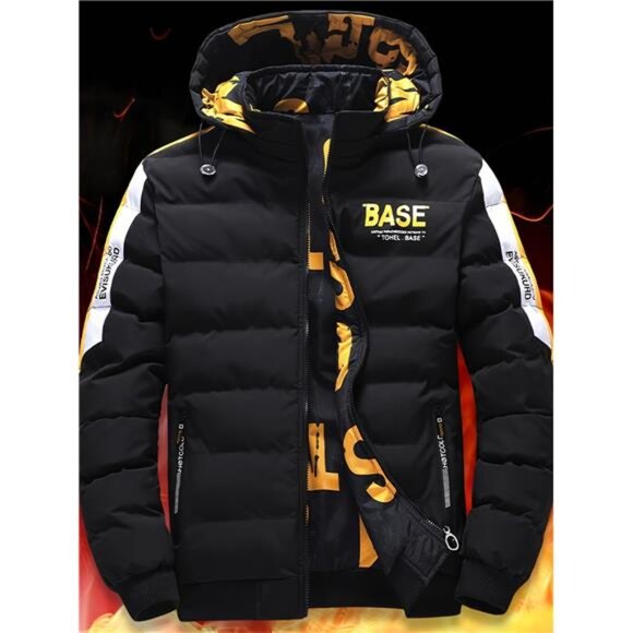 Men's Dynamic Black & Yellow Hooded Puffer - New Urban Style Jacket - Picture 3 of 10